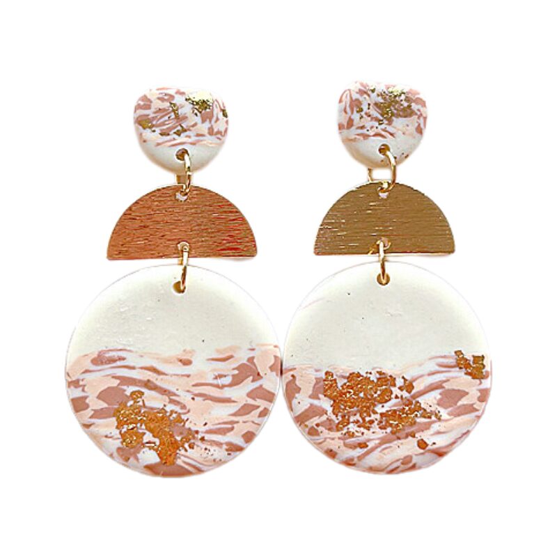 Soft Polymer Clay Gold & White Round Dangle Earrings