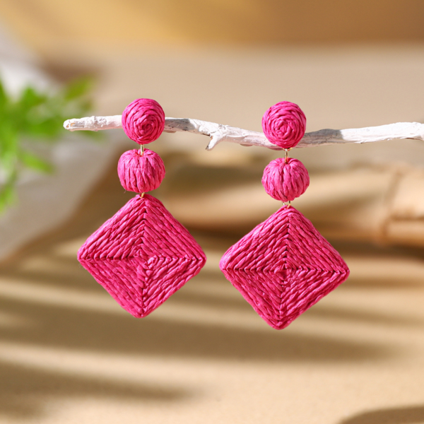 Handmade Bohemian Pink Square Rattan Earrings - Image 2