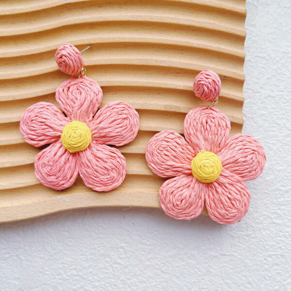 Handmade Bohemian Pink Flower Rattan Earrings - Image 2