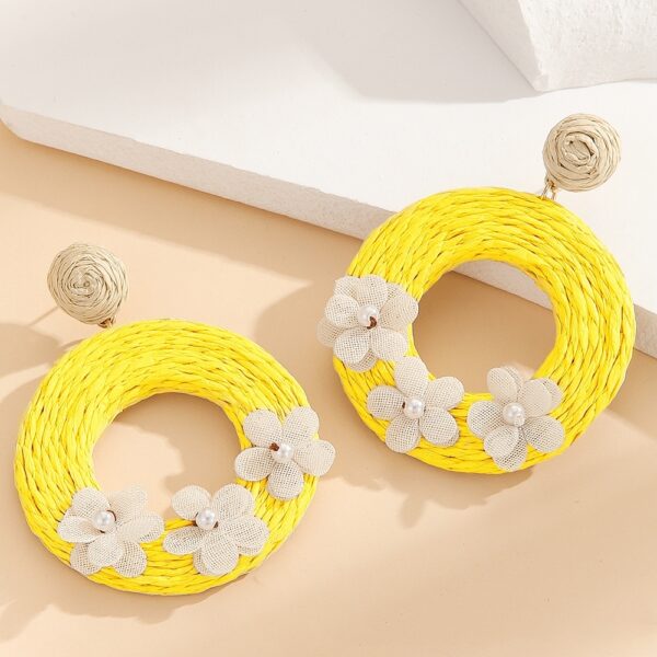 Handmade Yellow Flowers Rattan Circle Earrings - Image 2