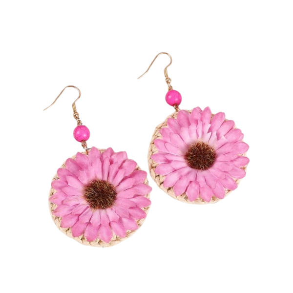 Handmade Pink Daisy Circle Rattan Earrings