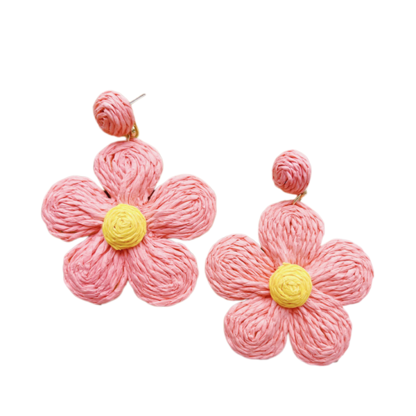 Handmade Bohemian Pink Flower Rattan Earrings