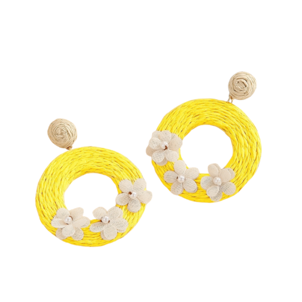 Handmade Yellow Flowers Rattan Circle Earrings