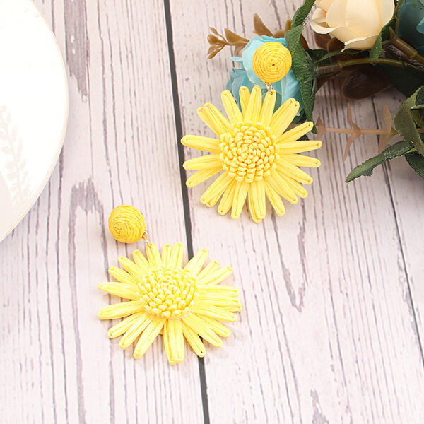 Bohemian Style Rattan Large Yellow Daisy Earrings - Image 2