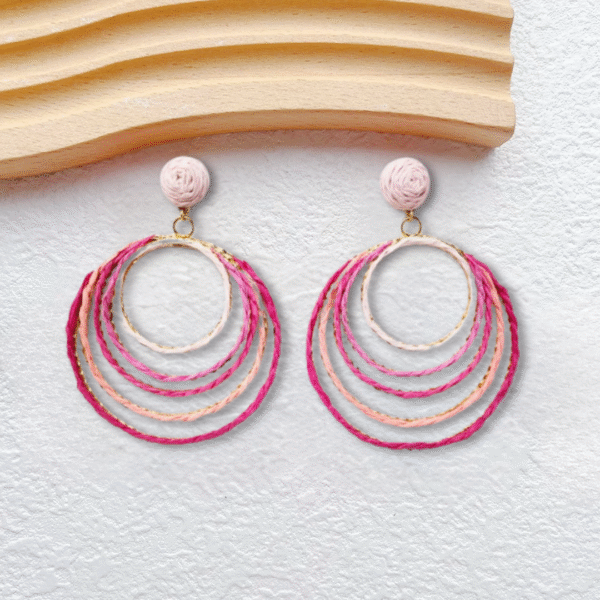 Bohemian Style Rattan Mix Pink Circles Earrings - Image 2