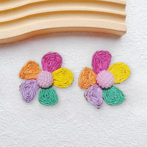 Bohemian Style Rattan Rainbow Flower Earrings - Image 2