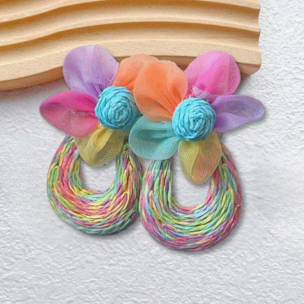 Rainbow Flower w Rattan Tear Drop Earrings - Image 2