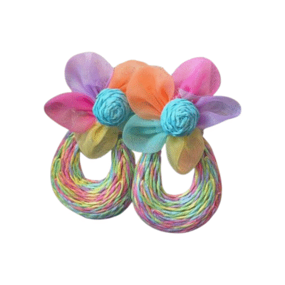 Rainbow Flower w Rattan Tear Drop Earrings