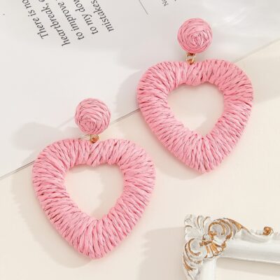 Baby Pink Heart Rattan Earrings