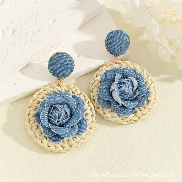 Blue Rose on Circle Rattan Earrings - Image 2