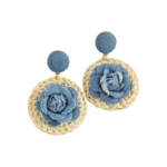 Blue Rose on Circle Rattan Earrings