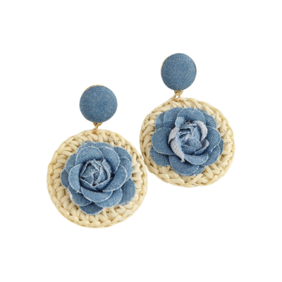 Blue Rose on Circle Rattan Earrings
