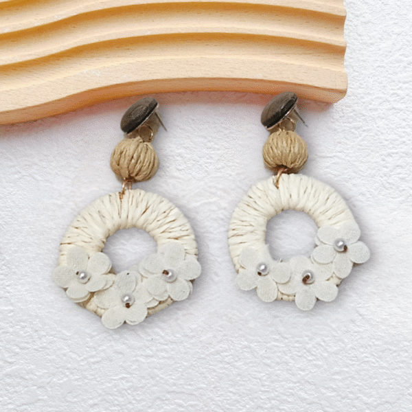 Natural Rattan Circle w Flower Earrings - Image 2