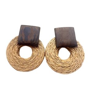 Handmade Brown Square & Circle Rattan Earrings
