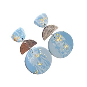Soft Polymer Clay Silver & Blue Round Dangle Earrings